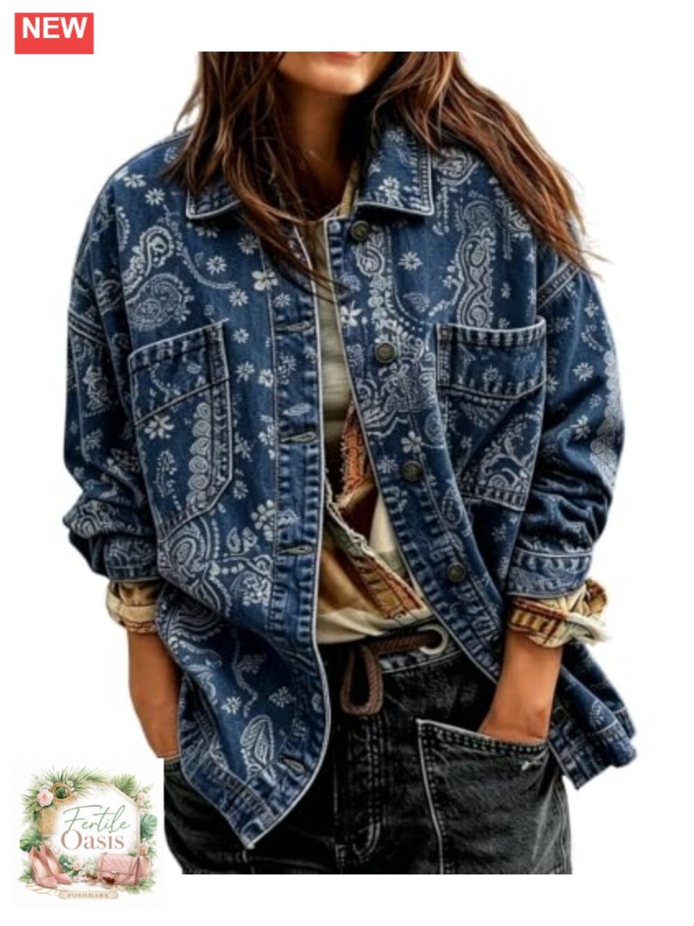 Women's Floral Paisley Print Long Denim Jacket Jean Shacket Oversized